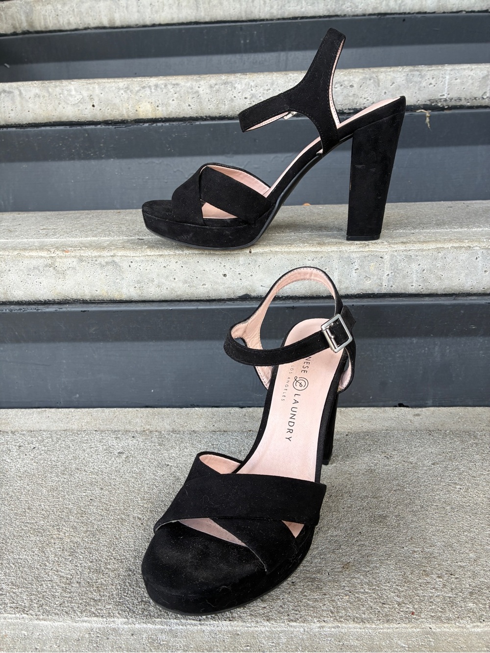 Chinese Laundry Always sandals, black suede platform 4” block heels